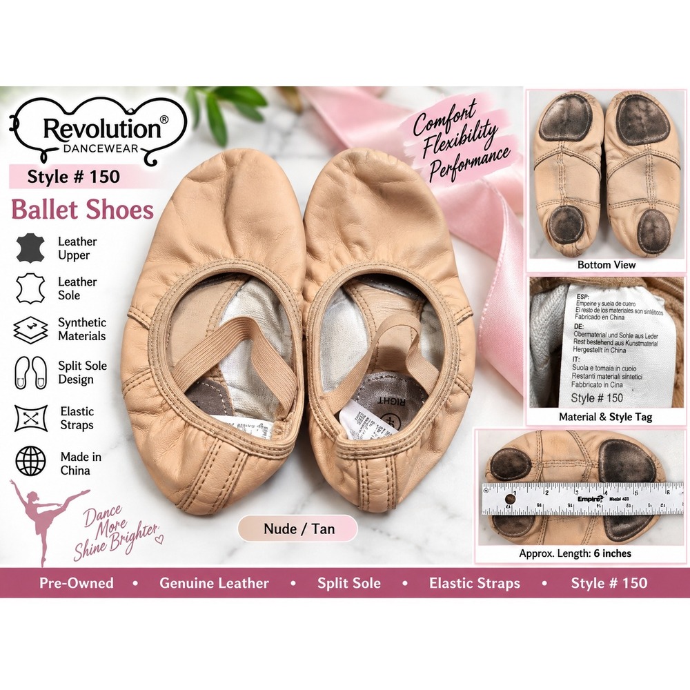 Revolution Dancewear 150 Nude Tan Leather Split Sole Ballet Shoes Kids Size 8.5